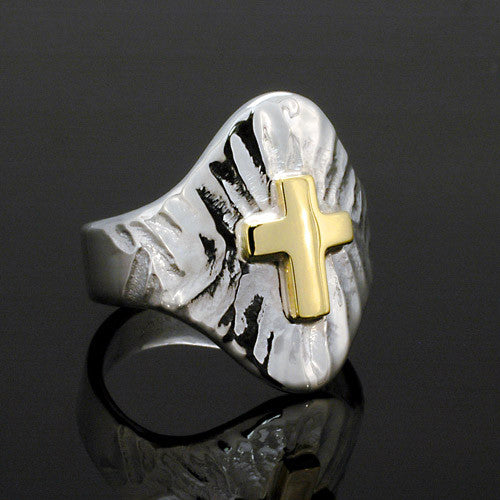 Silver and gold two toned texture cross ring