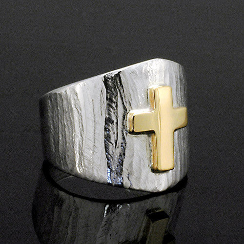 Silver and gold texture cross ring