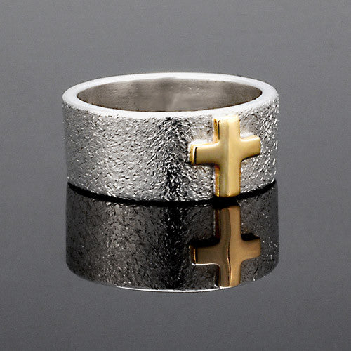 Two toned silver and gold texture sterling silver cross ring