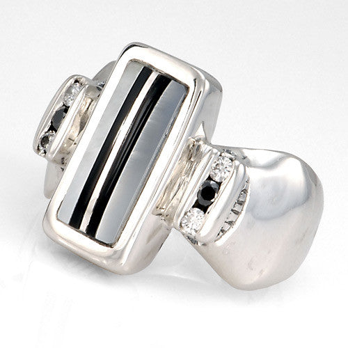 Mother of pearl onyx diamond inlay sterling silver ring