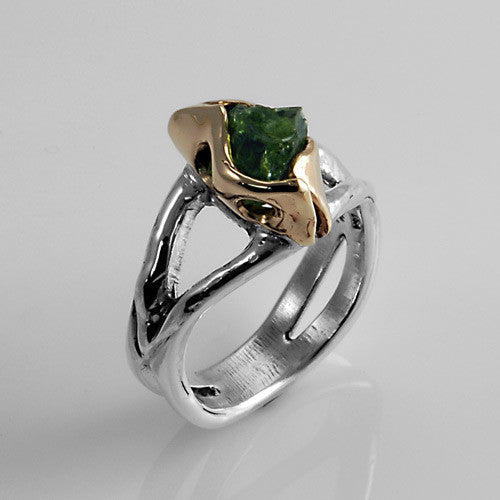 Two toned silver and gold raw peridot ring