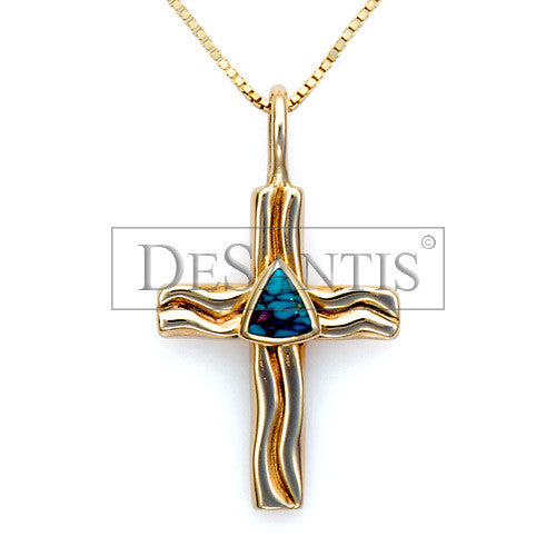 14kt gold turquoise inlay cross pendant